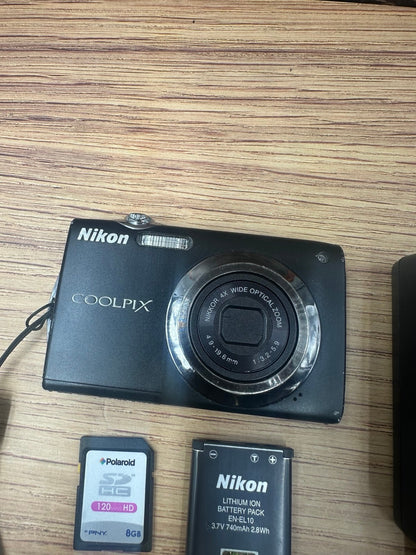 Nikon Coolpix S3000 Black-12.0 MP Digital Camera 8SD Card & Charger-Tested