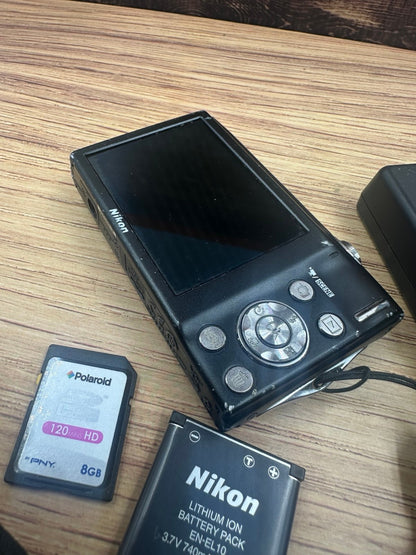 Nikon Coolpix S3000 Black-12.0 MP Digital Camera 8SD Card & Charger-Tested